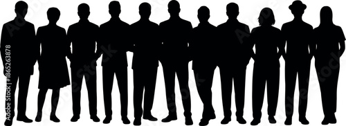 group of people standing in a line silhouettes