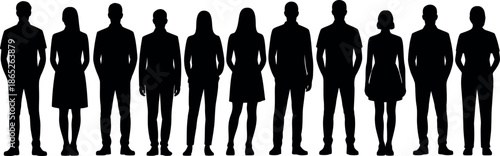 group of people standing in a line silhouettes