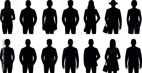 Set of people silhouettes in various poses and outfits on white background