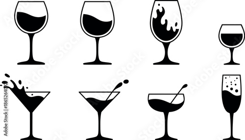 set of wine and cocktail glasses with different liquid levels and movements