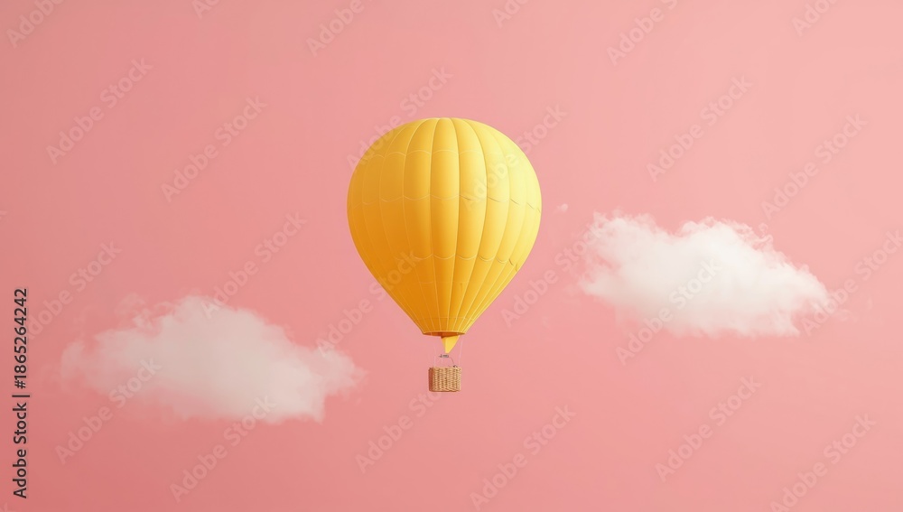 Naklejka premium Hot air balloon symbol in yellow on a pink background serving as an air travel icon, minimalist design