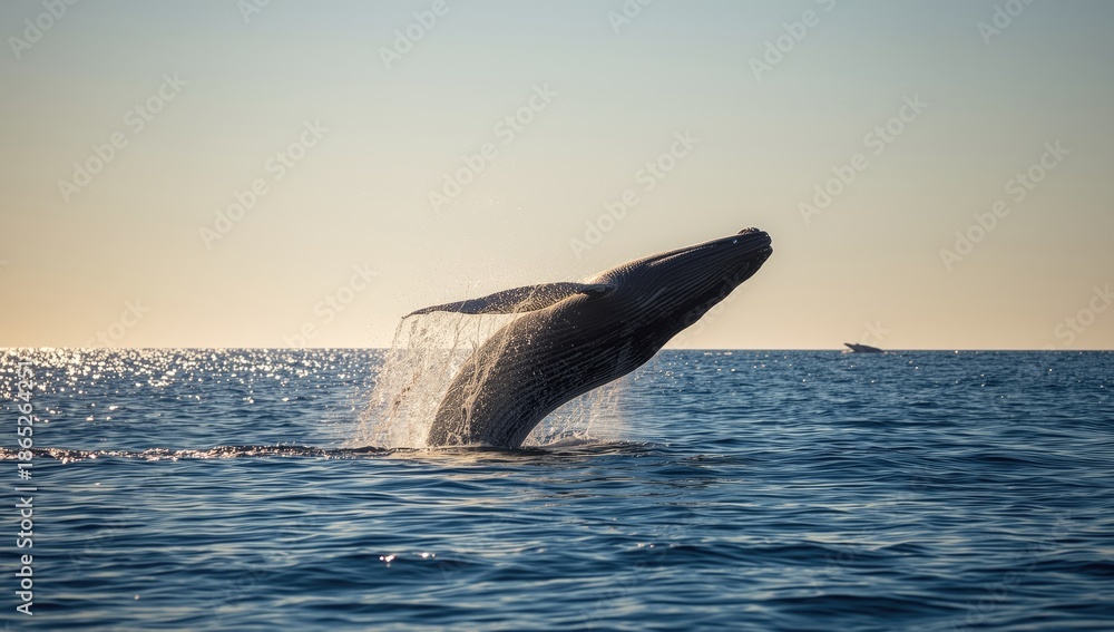 Fototapeta premium Humpback whale leaping from the water during migration, marine conservation awareness