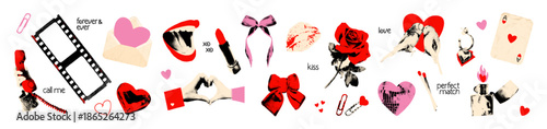 Love Valentine's day collage elements set. Halftone stickers with doodles Cut out red rose, pink hearts, lips, hands, bows, film strip frame. Modern retro vector illustration on transparent background