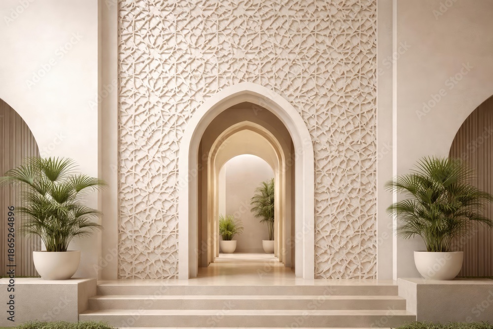 Fototapeta premium Geometric pattern forming background in vertical frame with arch door inside modern architecture