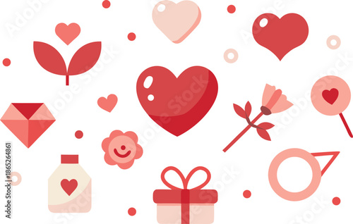 Collection of hearts and gifts in flat style