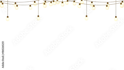 String of warm yellow glowing light bulbs hanging down against a pure transparent background for decoration or celebration
