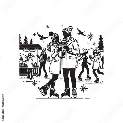 Winter Ice Skating Market Line Art Vector