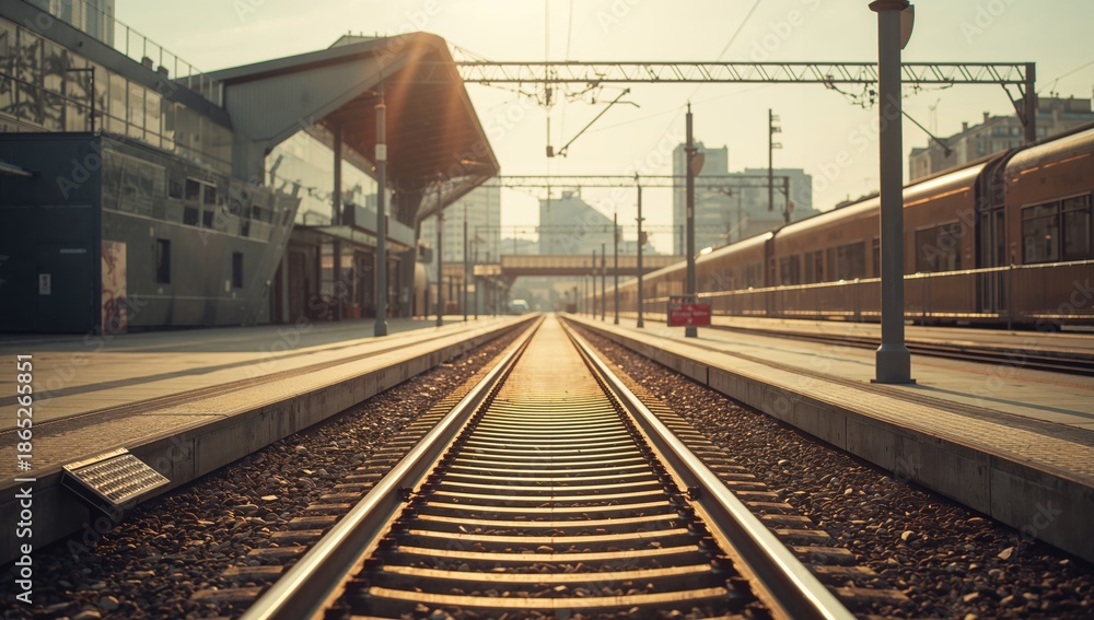 Fototapeta premium Landscape of empty railway track, serving as a background for text layout and design purposes