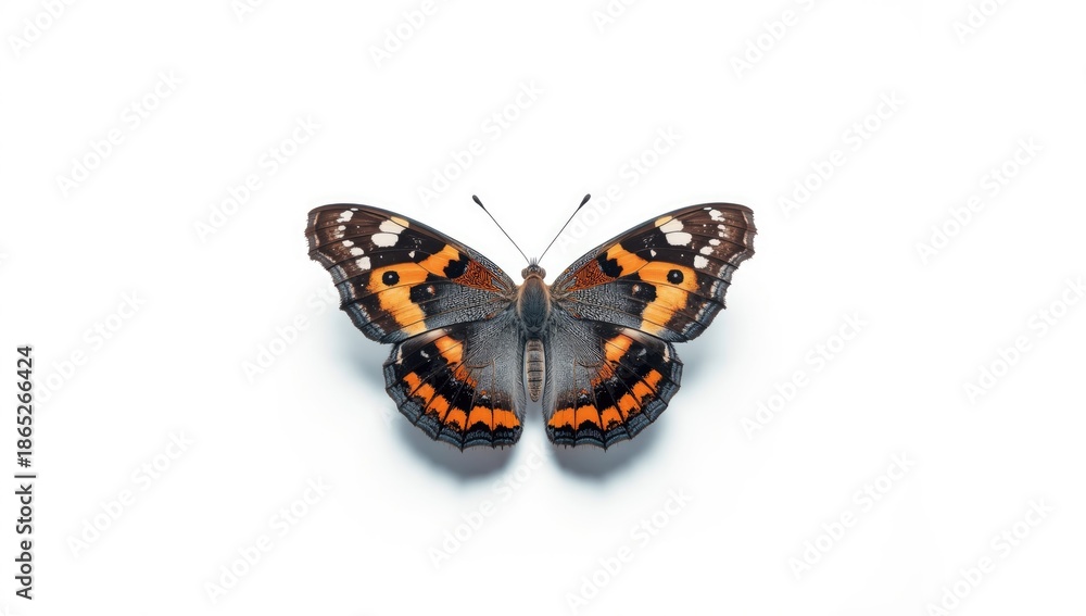 Fototapeta premium Brightly colored butterfly on a white backdrop, suitable for editorial header backgrounds