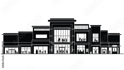 Detailed black and white illustration of a modern building facade with people