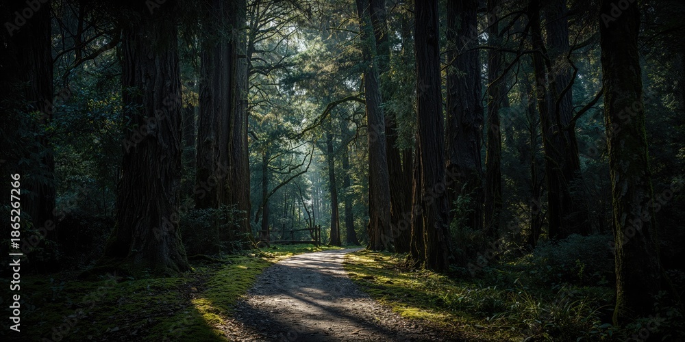 Obraz premium Shadowy woodland pathway with towering trees, highlighting seasonal change in a forest setting