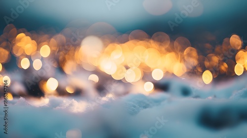 Magical winter scene bokeh lights glow warmly over a snowscape creating a serene festive mood