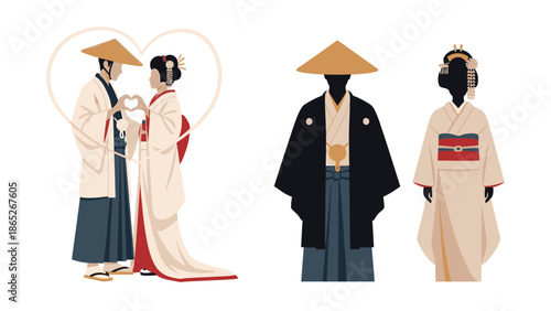 Traditional japanese wedding attire and cultural representation of diverse couples