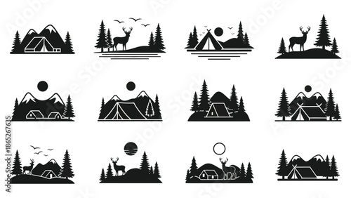 Black and white nature icons depicting camping mountains and wildlife scenes