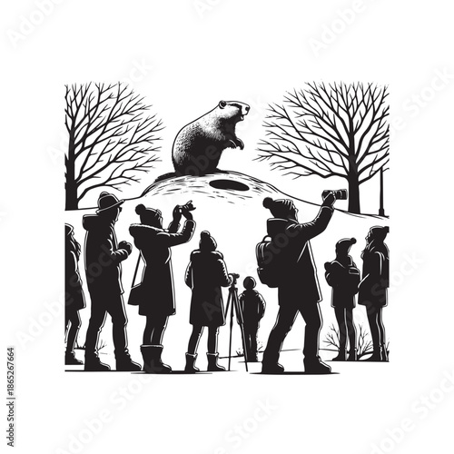 Winter Groundhog Day Celebration Bold Outline Vector