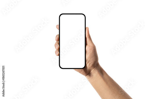 Hand holding smartphone mockup with transparent screen and background, mobile phone Ui UX mockup