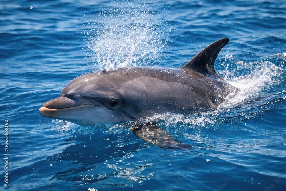 Fototapeta premium Active bottlenose dolphin breathing at ocean surface in daylight