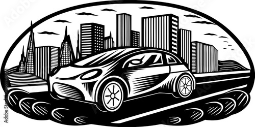 Electric Vehicle Driving Through Modern Cityscape