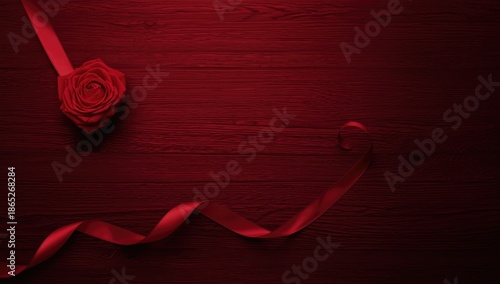 Red rose intertwined with heart ribbon on dark wooden surface, suitable for love-themed layouts