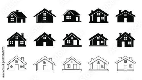 Collection of simple black and white house icons in various styles