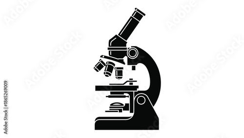 A simple black and white illustration of a classic laboratory microscope
