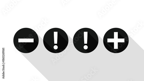 A row of black circular icons displaying subtraction exclamation and addition signs