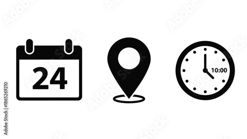 Calendar location marker and clock icons displayed in a simple black and white style