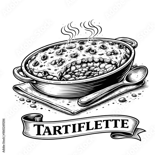 Traditional Savoyard Tartiflette Casserole dish in Vintage Engraving Style Vector