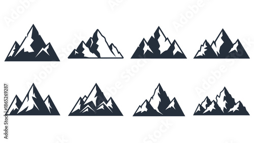 Silhouetted mountain range designs in varying styles on a white background