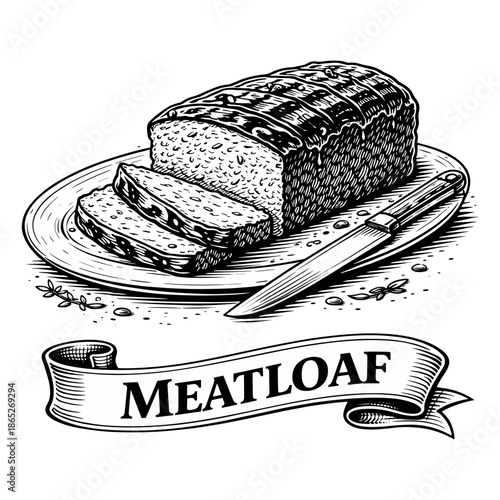 Vintage Engraved Meatloaf Illustration with Slices, Knife, and Decorative Banner