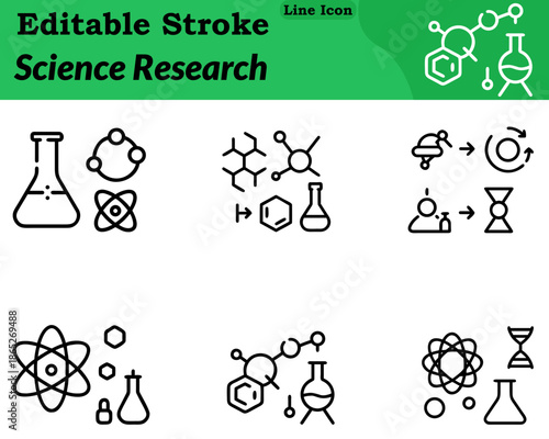 A minimalist science research icon. Showing a microscope combined with a laboratory flask and subtle data molecule symbols. Clean geometric shapes smooth outlines and balanced composition represent.