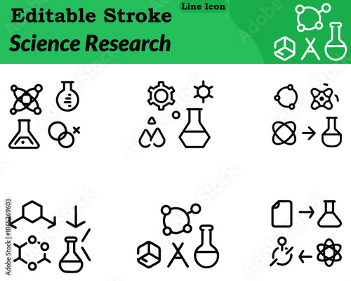 A minimalist vector-style science research icon featuring a microscope paired with a laboratory flask and small molecule or data symbols. Clean lines rounded shapes and a balanced composition create.