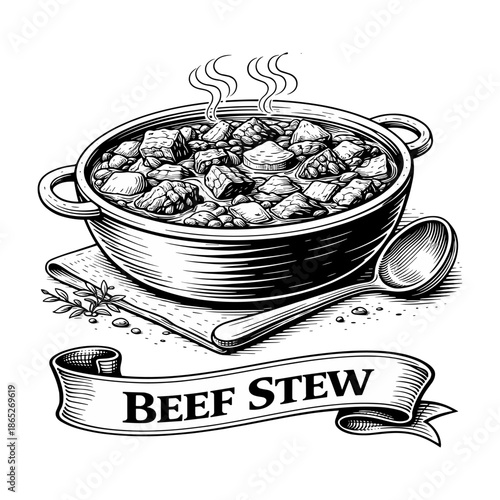 Vintage engraving style illustration of hot beef stew with banner and spoon