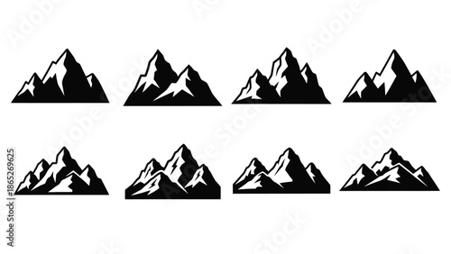 Simple black and white graphic of eight stylized mountain peaks arranged in rows