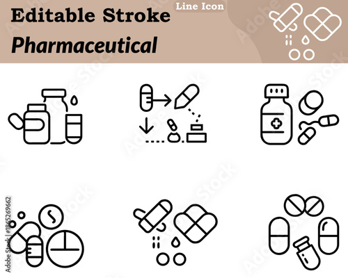 A clean, minimalist pharmaceutical icon designed in a character style. It features pill bottles capsules tablets with smooth rounded outlines. Simple balanced shapes create a modern and approachable.