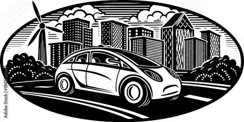 Electric Vehicle Driving Through Modern Cityscape