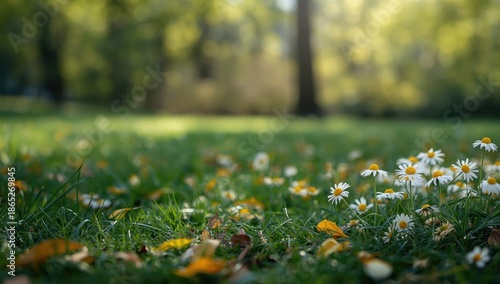 Springtime scene of chamomile flowers in a park, suitable for natural remedies