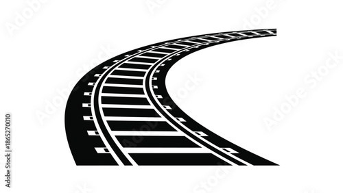 A curved railway track illustration in black and white style