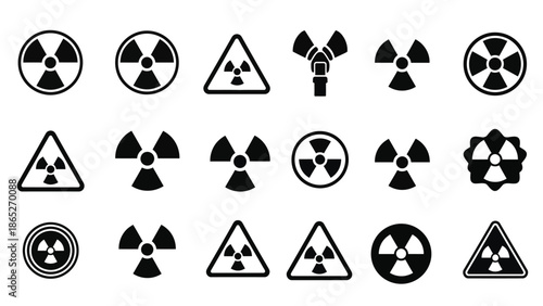 Collection of black and white warning symbols including radiation and hazard signs