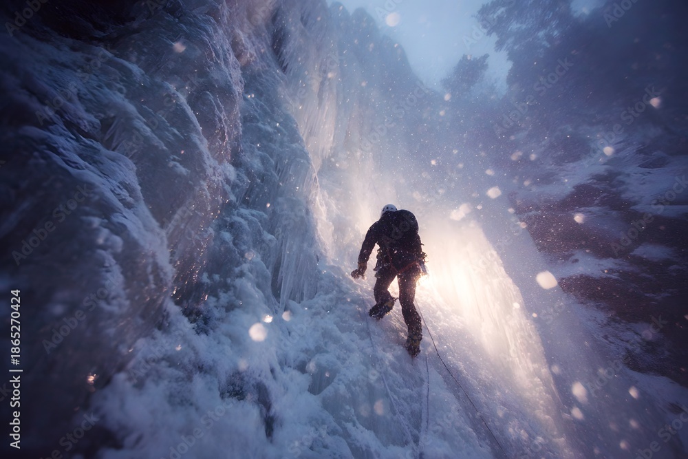 Obraz premium Ice climber ascending frozen waterfall with crampons and rope in dramatic winter mountains