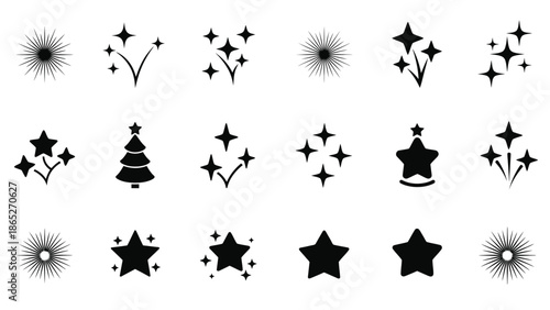 Collection of festive black silhouettes stars trees and sparkling light effects