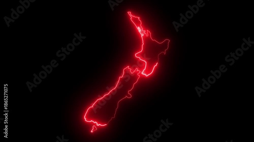 glowing neon New Zealand map icon animation on black background. 4k video animation.