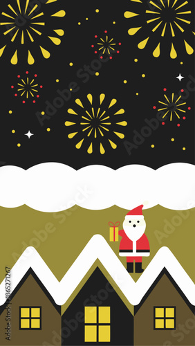 Santa on Snowy Rooftop with Fireworks Celebration