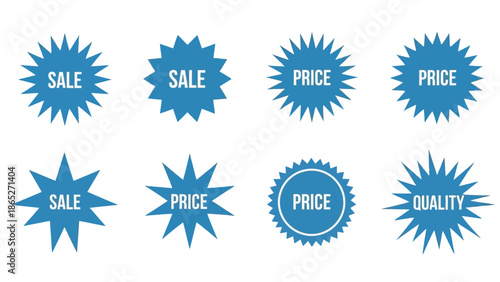 A collection of blue starburst and circular sale price and quality labels