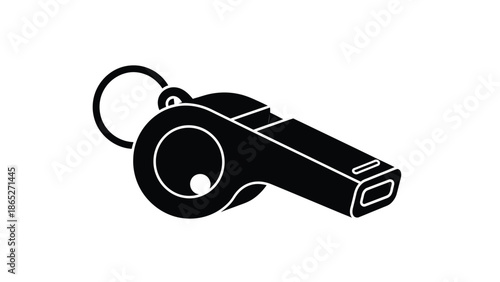 A simple black and white illustration of a sports referee whistle