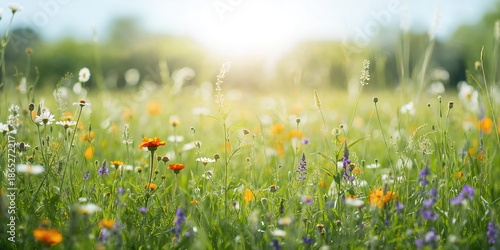 Wild chamomile, orange calendula officinalis, and purple phacelia in a vibrant herb meadow emphasizing biodiversity and pollinator support