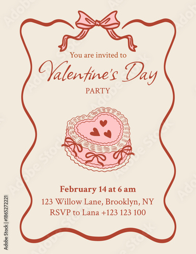 Vintage Valentine's Day party invitation template with an elegant, coquette style. Retro vector card featuring a cake with bows and hearts in a doodle style. Frame of bows and ribbons.