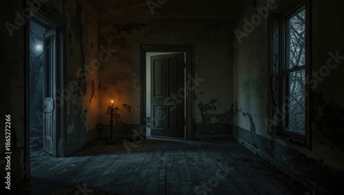 A spooky residence with dark shadows and eerie lighting, highlighting horror elements for a Halloween setting