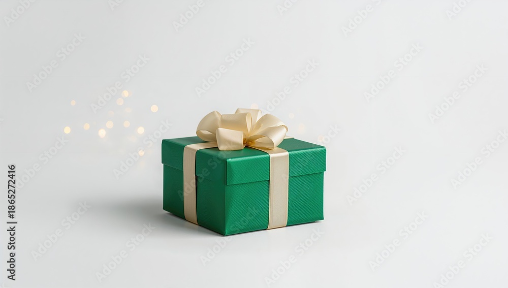 Obraz premium Green gift box with ribbon and bow on a white background, suitable for festive gift presentation
