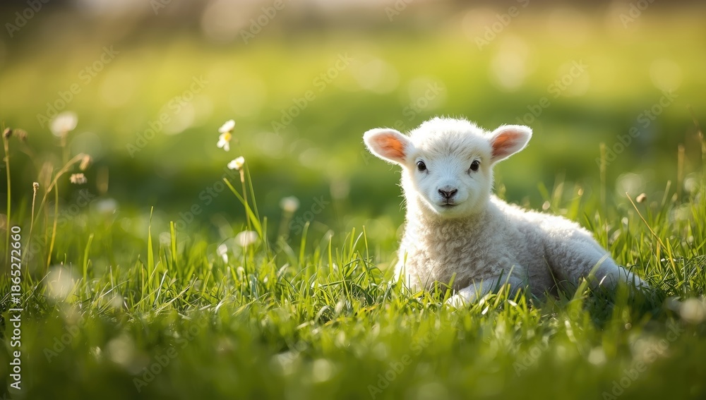 Obraz premium Young lamb lying on lush grass, highlighting fiber-dense grazing, Earth Day